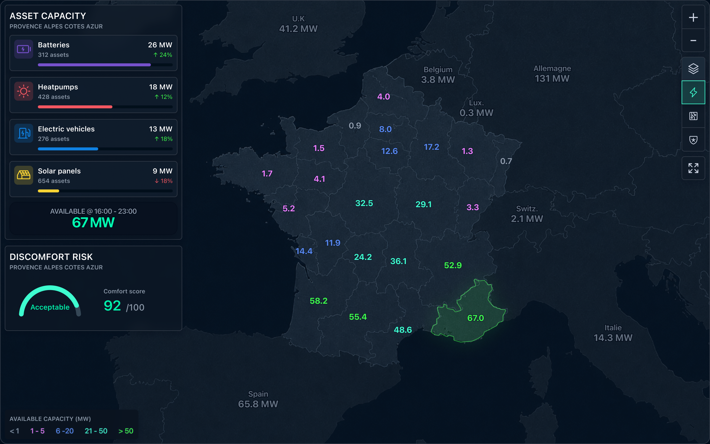 Map showing a selected zone of energy assets with available capacity highlighted.